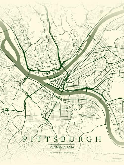 Pittsburgh map art print in Harvest Barn — minimalist city map poster