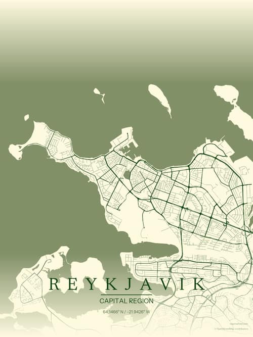 Reykjavik map art print in Harvest Barn — minimalist city map poster