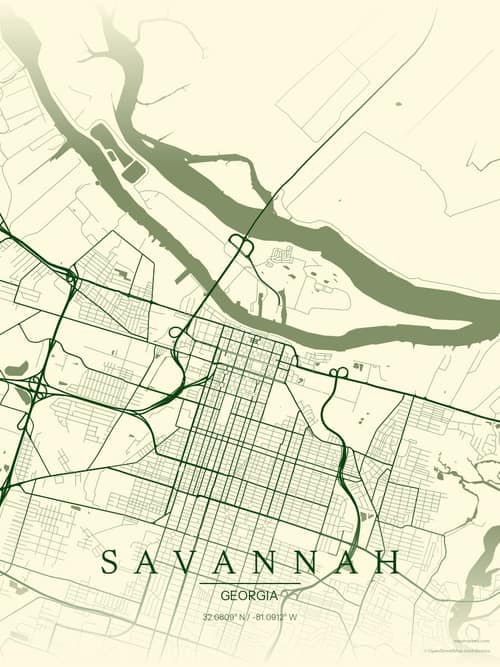 Savannah map art print in Harvest Barn — minimalist city map poster