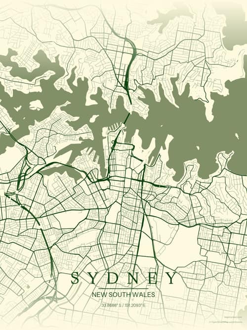 Sydney map art print in Harvest Barn — minimalist city map poster