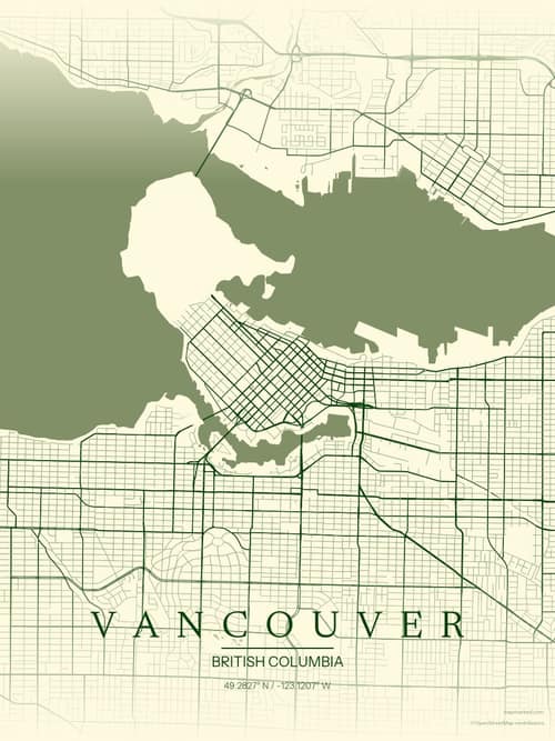 Vancouver map art print in Harvest Barn — minimalist city map poster