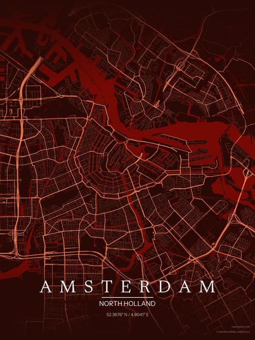 Amsterdam map art print in Terracotta Dusk — minimalist city map poster