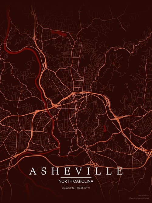 Asheville map art print in Terracotta Dusk — minimalist city map poster