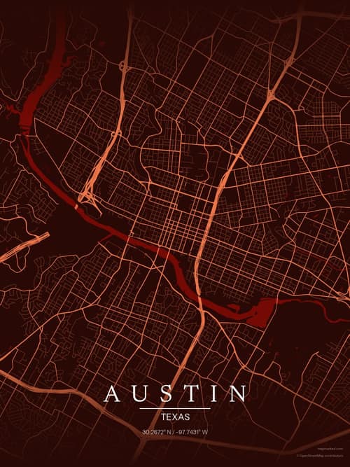Austin map art print in Terracotta Dusk — minimalist city map poster