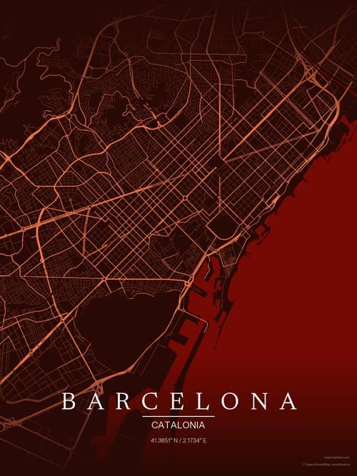 Barcelona map art print in Terracotta Dusk — minimalist city map poster