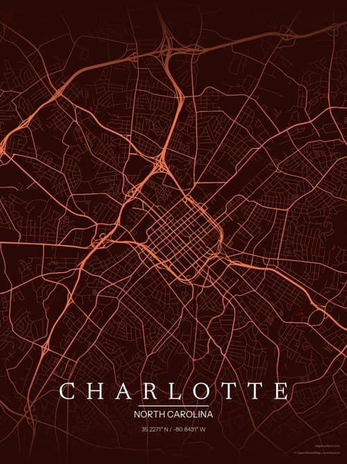 Charlotte map art print in Terracotta Dusk — minimalist city map poster