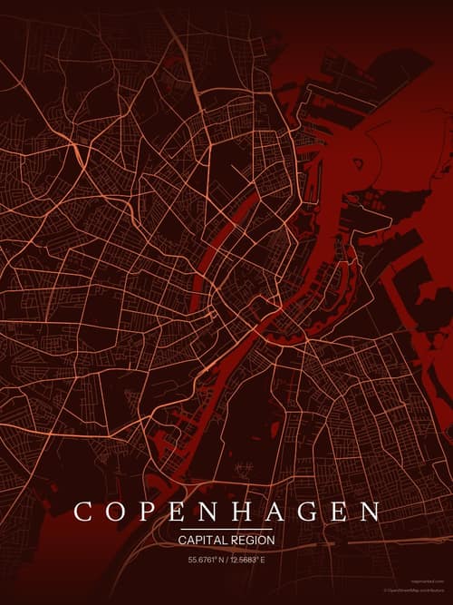 Copenhagen map art print in Terracotta Dusk — minimalist city map poster