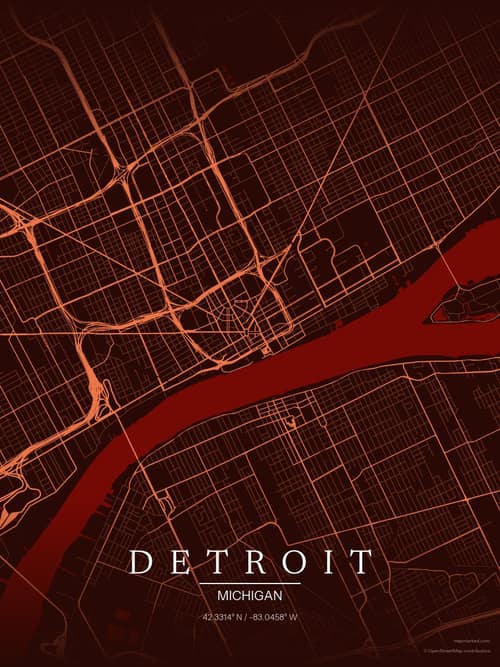 Detroit map art print in Terracotta Dusk — minimalist city map poster