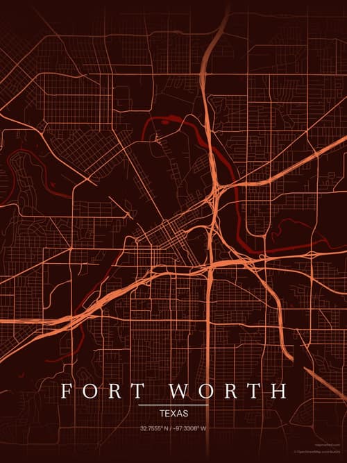 Fort Worth map art print in Terracotta Dusk — minimalist city map poster