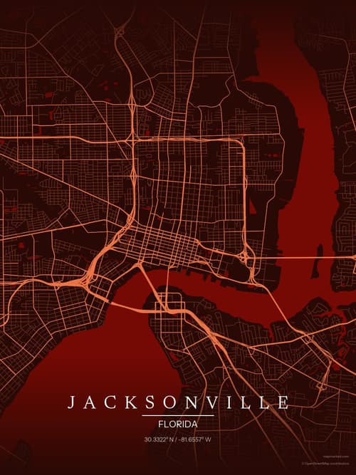Jacksonville map art print in Terracotta Dusk — minimalist city map poster