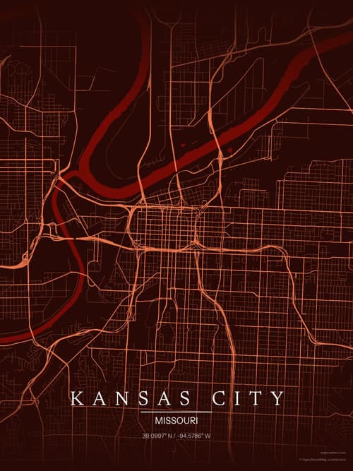 Kansas City map art print in Terracotta Dusk — minimalist city map poster