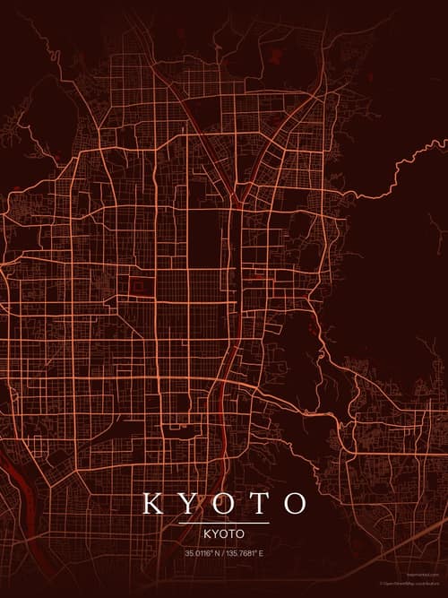 Kyoto map art print in Terracotta Dusk — minimalist city map poster