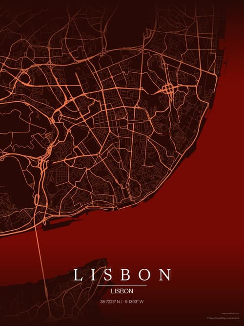 Lisbon map art print in Terracotta Dusk — minimalist city map poster