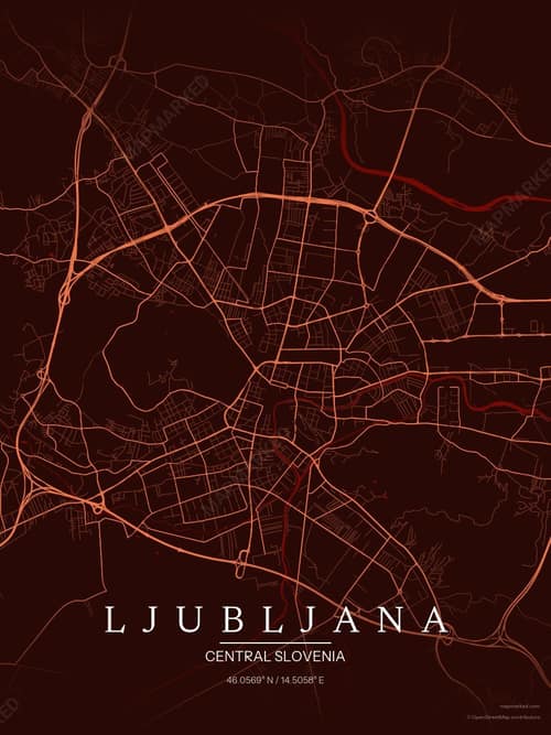 Ljubljana map art print in Terracotta Dusk — minimalist city map poster