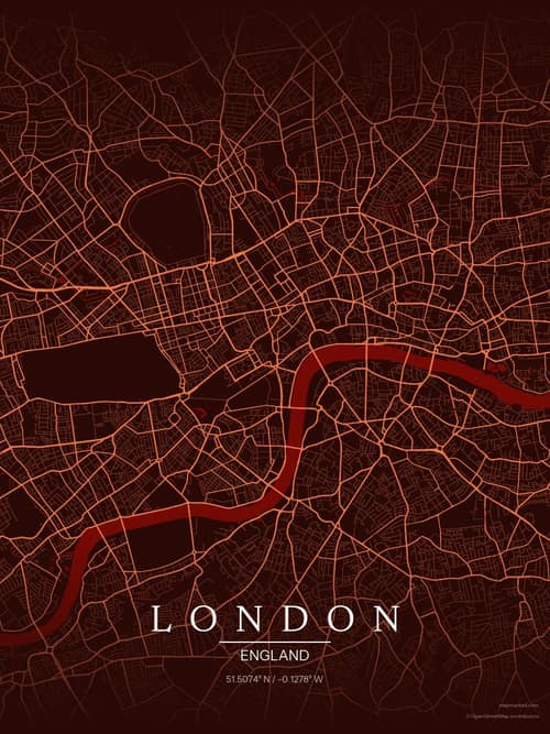 London map art print in Terracotta Dusk — minimalist city map poster