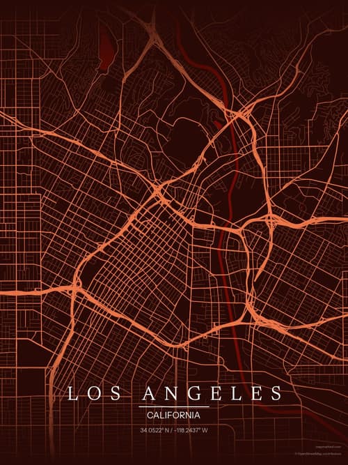 Los Angeles map art print in Terracotta Dusk — minimalist city map poster