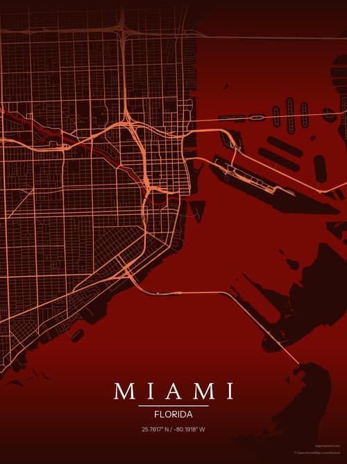 Miami map art print in Terracotta Dusk — minimalist city map poster