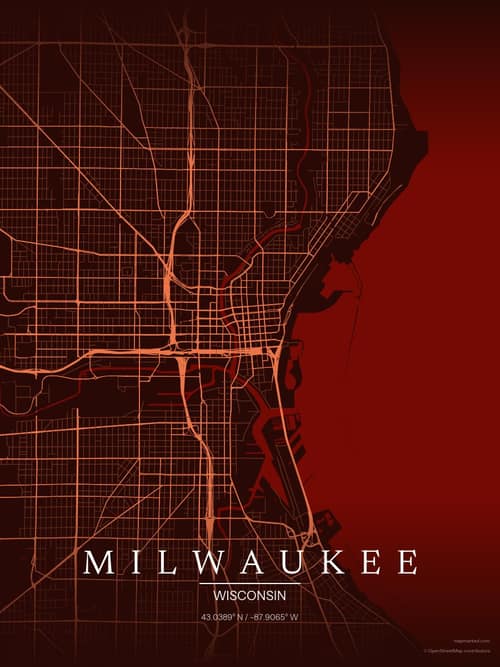 Milwaukee map art print in Terracotta Dusk — minimalist city map poster