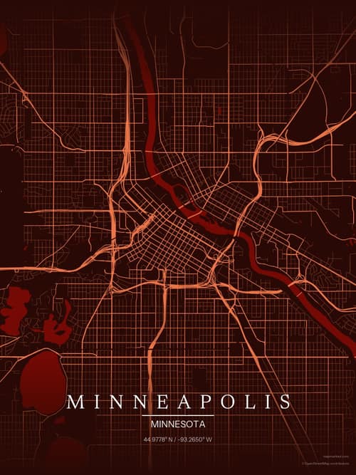 Minneapolis map art print in Terracotta Dusk — minimalist city map poster