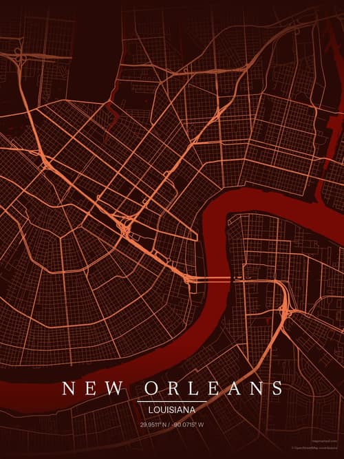 New Orleans map art print in Terracotta Dusk — minimalist city map poster