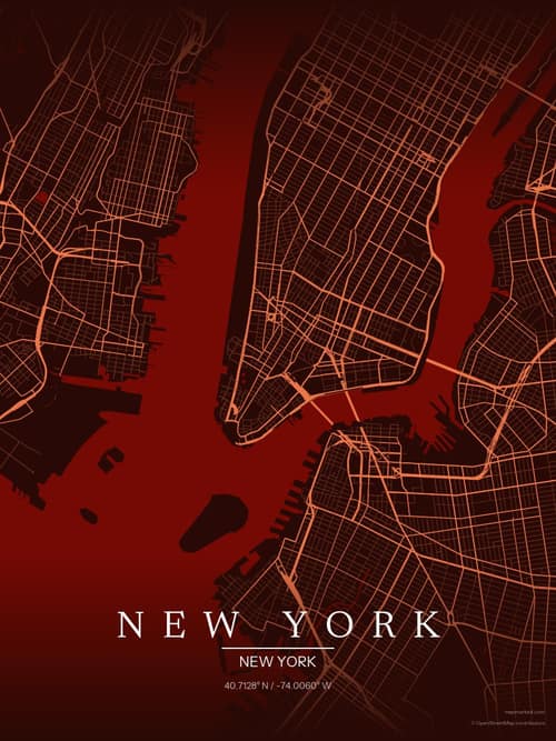 New York map art print in Terracotta Dusk — minimalist city map poster