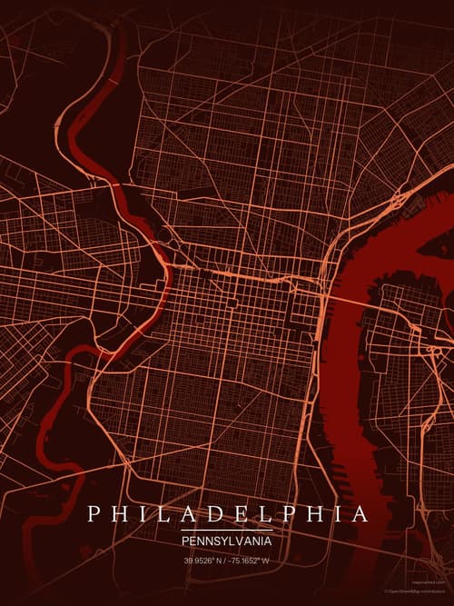 Philadelphia map art print in Terracotta Dusk — minimalist city map poster