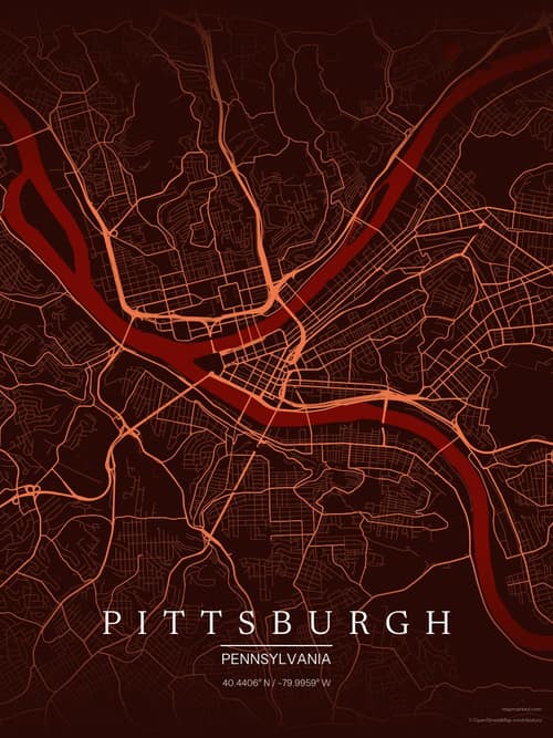 Pittsburgh map art print in Terracotta Dusk — minimalist city map poster