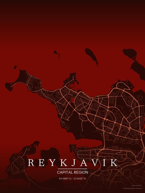 Reykjavik map art print in Terracotta Dusk — minimalist city map poster