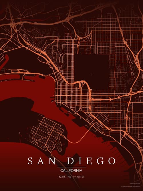 San Diego map art print in Terracotta Dusk — minimalist city map poster