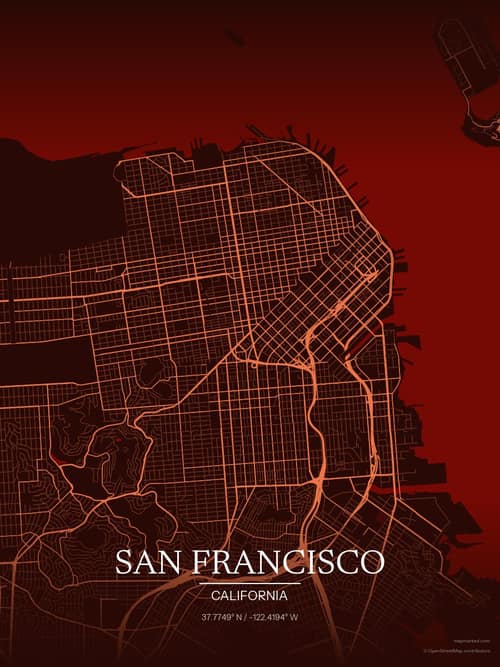 San Francisco map art print in Terracotta Dusk — minimalist city map poster