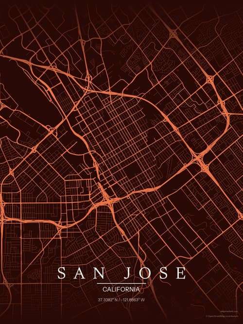 San Jose map art print in Terracotta Dusk — minimalist city map poster