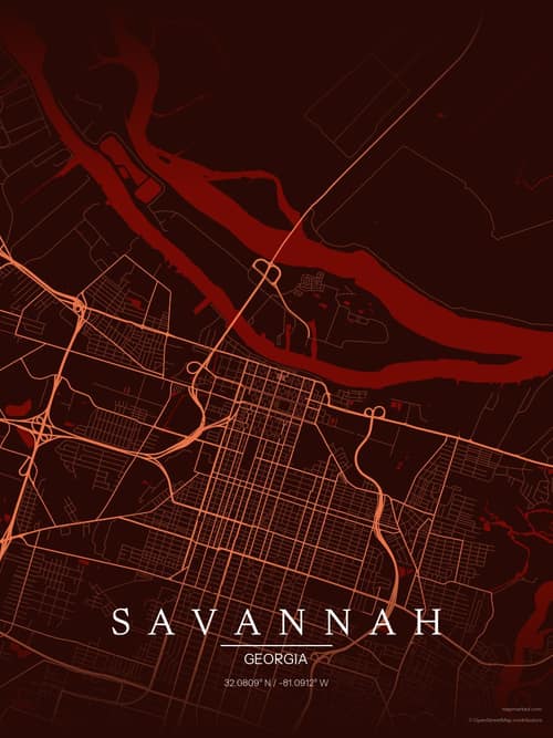 Savannah map art print in Terracotta Dusk — minimalist city map poster