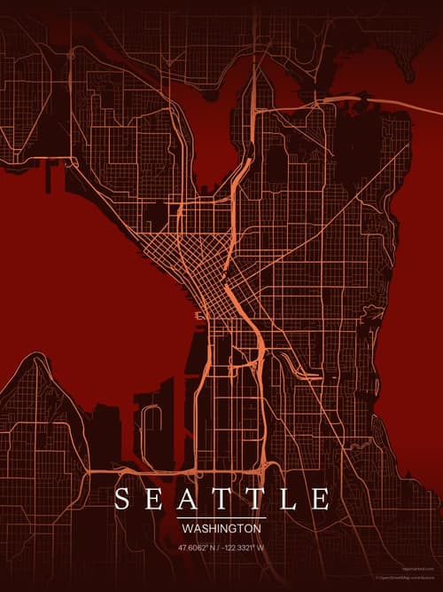 Seattle map art print in Terracotta Dusk — minimalist city map poster