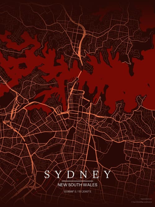 Sydney map art print in Terracotta Dusk — minimalist city map poster