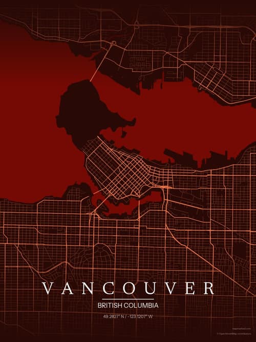 Vancouver map art print in Terracotta Dusk — minimalist city map poster