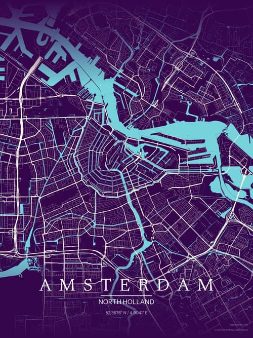 Amsterdam map art print in Deep Plum — minimalist city map poster