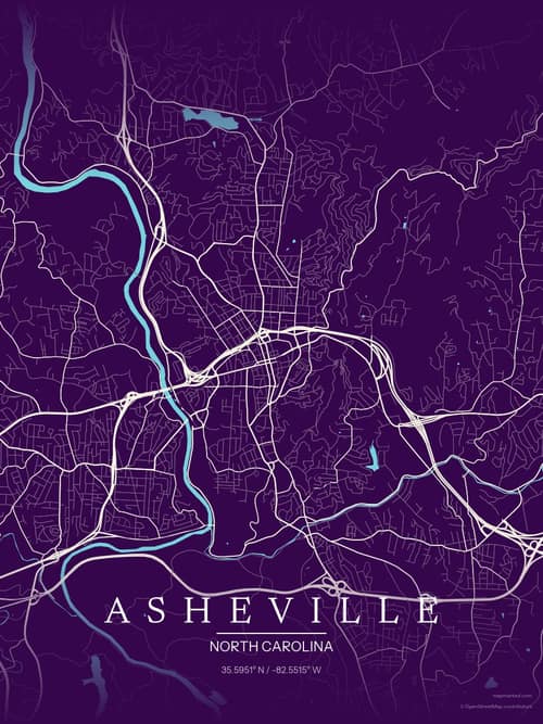 Asheville map art print in Deep Plum — minimalist city map poster