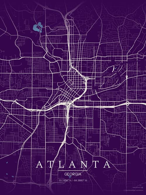 Atlanta map art print in Deep Plum — minimalist city map poster