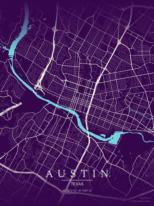 Austin map art print in Deep Plum — minimalist city map poster
