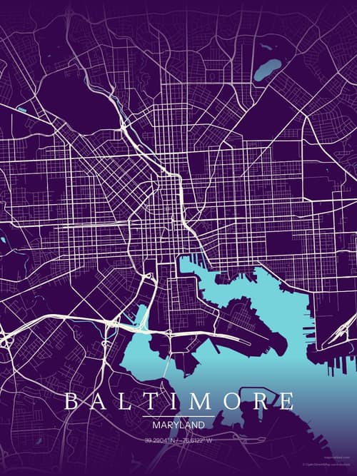 Baltimore map art print in Deep Plum — minimalist city map poster