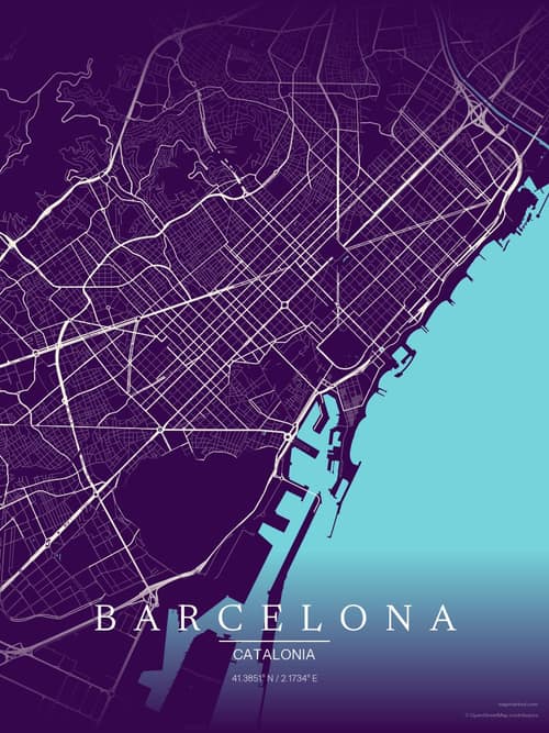 Barcelona map art print in Deep Plum — minimalist city map poster