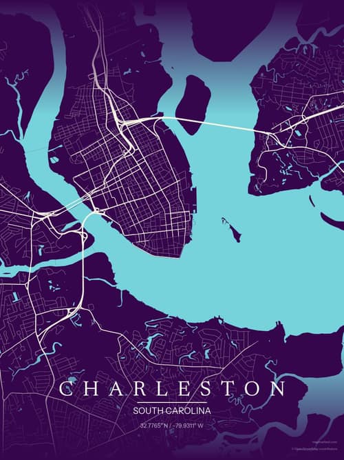 Charleston map art print in Deep Plum — minimalist city map poster