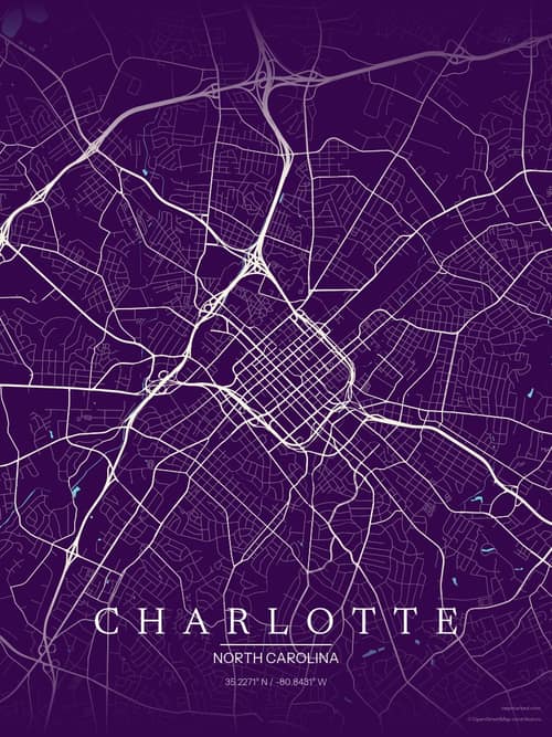 Charlotte map art print in Deep Plum — minimalist city map poster