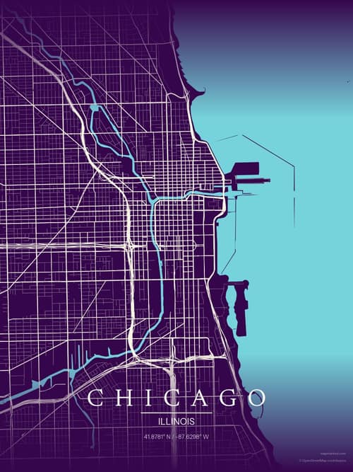 Chicago map art print in Deep Plum — minimalist city map poster
