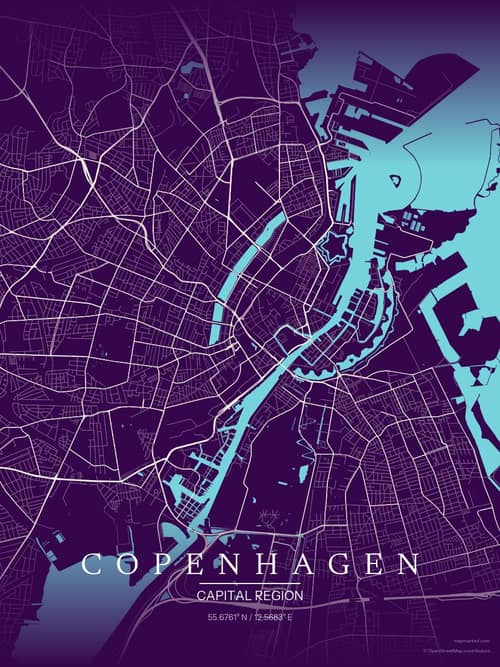 Copenhagen map art print in Deep Plum — minimalist city map poster