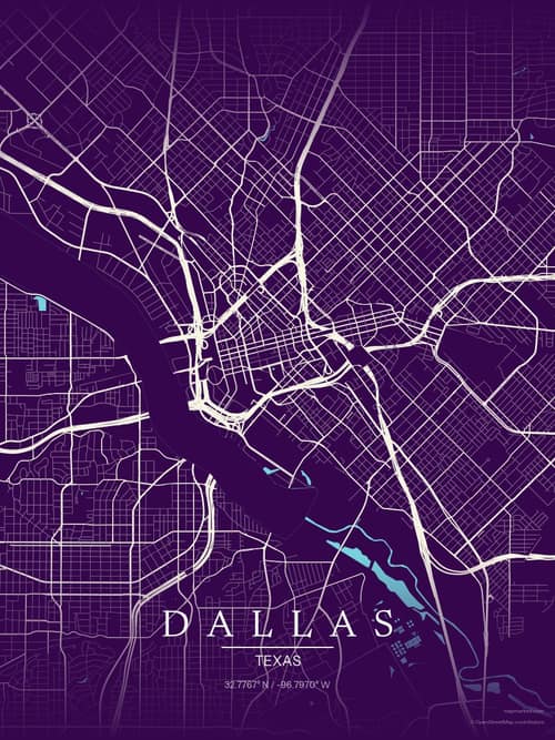 Dallas map art print in Deep Plum — minimalist city map poster