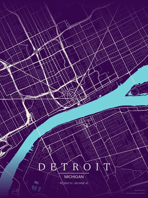 Detroit map art print in Deep Plum — minimalist city map poster