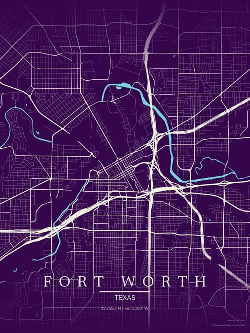 Fort Worth map art print in Deep Plum — minimalist city map poster