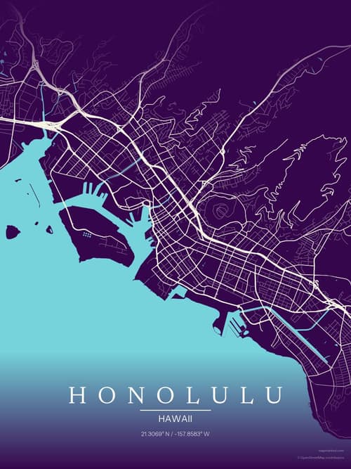 Honolulu map art print in Deep Plum — minimalist city map poster