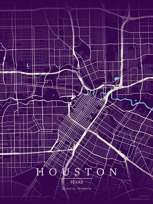 Houston map art print in Deep Plum — minimalist city map poster